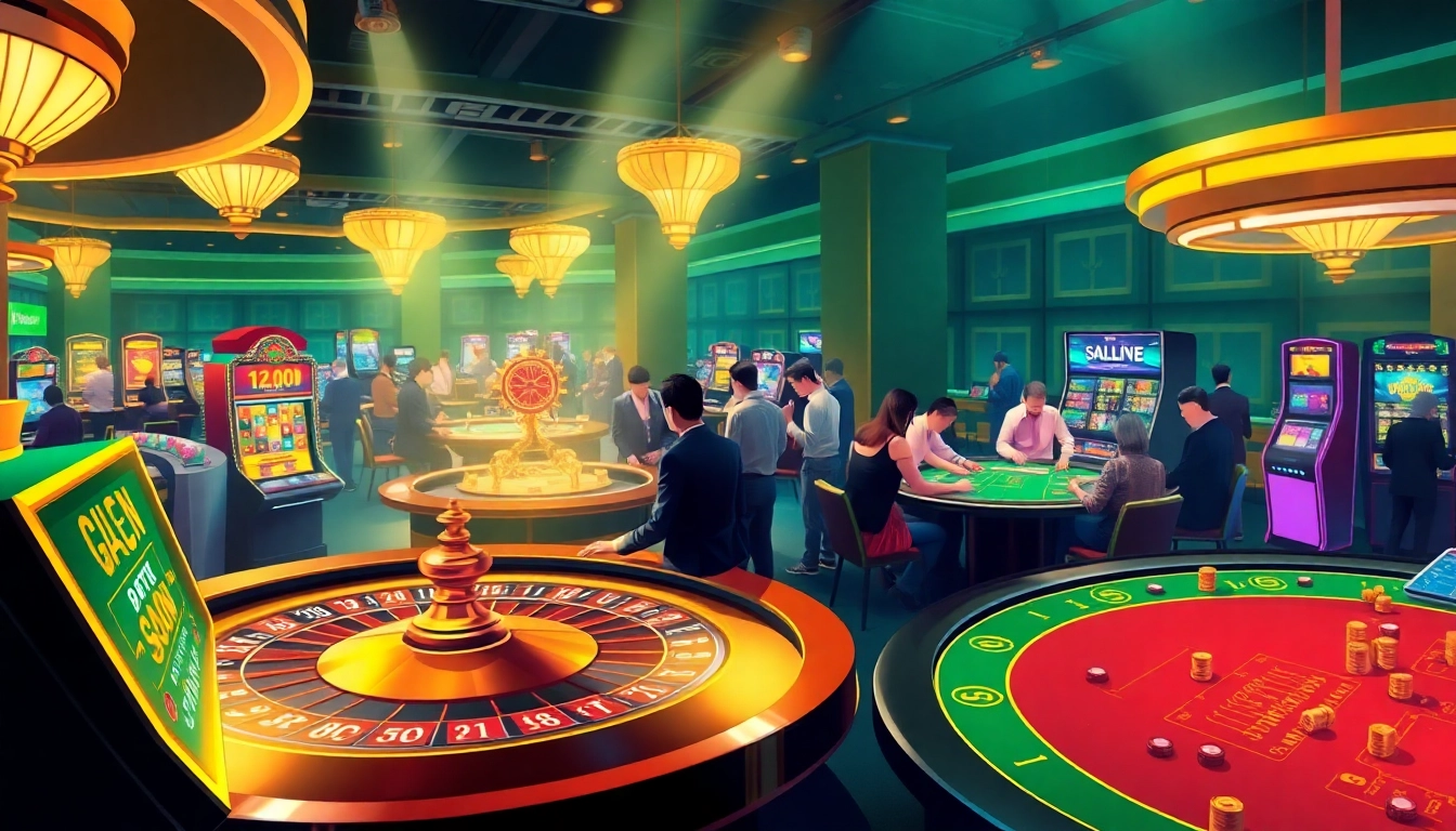 Experience the thrill of new88 chính thức at a vibrant casino, featuring players engaged in high-stakes games with colorful chips and slots.